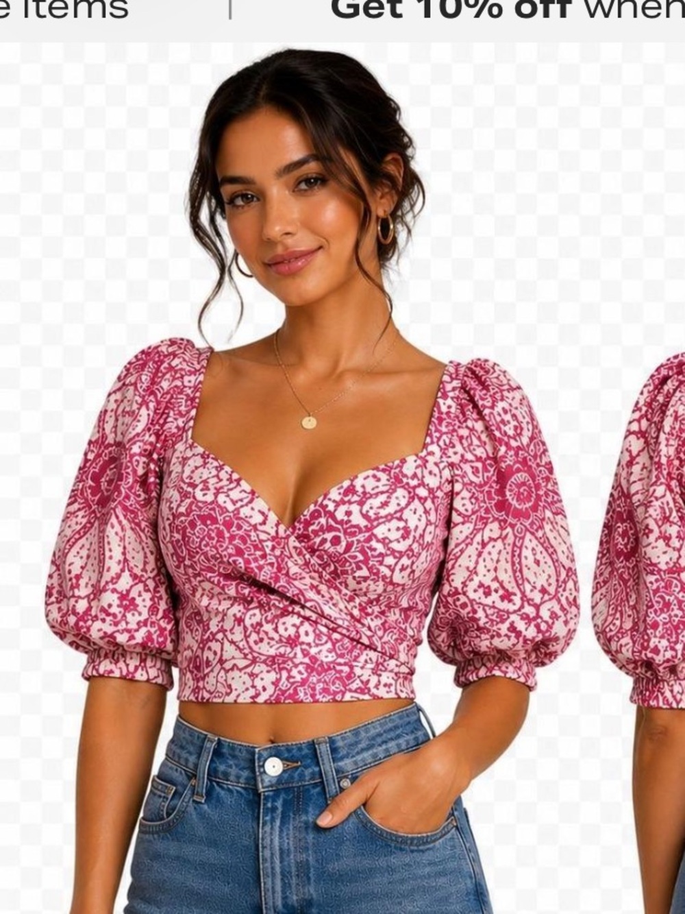 Maeve Pink Floral Puff-Sleeve Tie-Back Crop Top - Picture 1 of 2